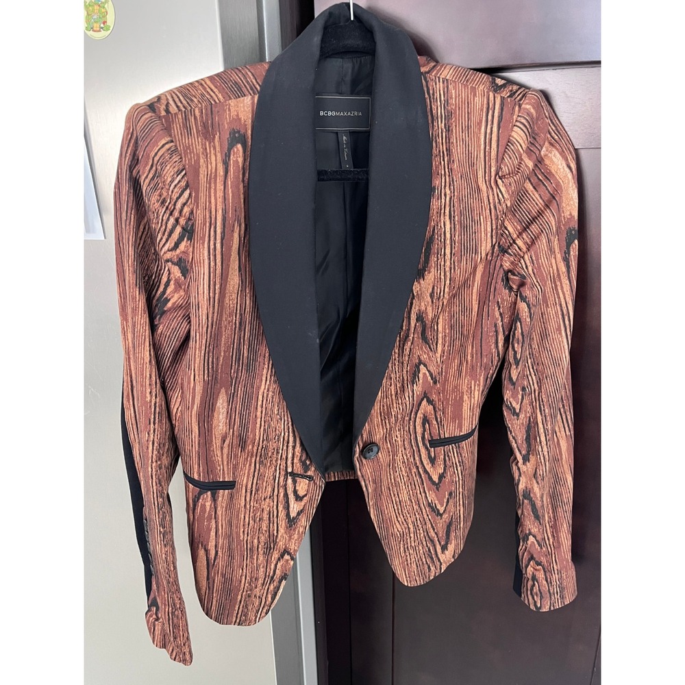 VTG BCBGMAXAZRIA Woodgrain Print Blazer Jacket Brown Black Tuxedo Y2K Small